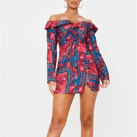 PrettyLittleThing Multi Paisley Bardot Knot Detail Blazer Dress NWT - Picture 3 of 12